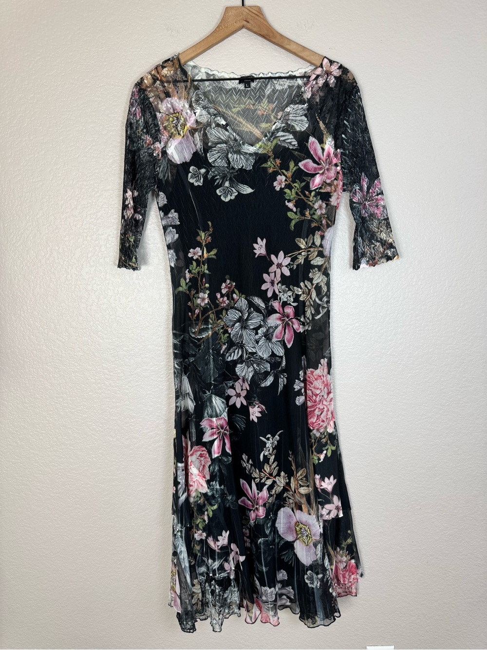 Komarov Floral Print Charmeuse Chiffon Lace Midi Dress 3/4 Sleeves Large $298 - Picture 2 of 12